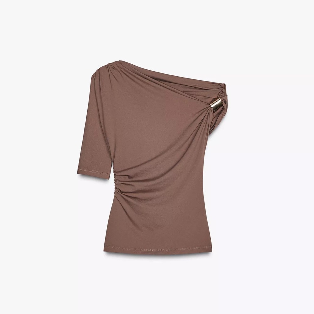 Brown One-Shoulder Top with Gold Detail